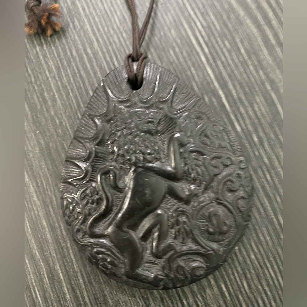Carved  stone signed Black Lion Pendant Necklace
